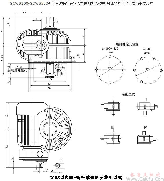 GCWS100、GCWS125、GCWS160、GCWS200、GCWS250、GCWS315、GCWS355、GCWS400、GCWS450、GCWS500、型低速级蜗杆在蜗轮之侧的齿轮-蜗杆减速机的装配形式与主要尺寸（JB/T7008-1993）